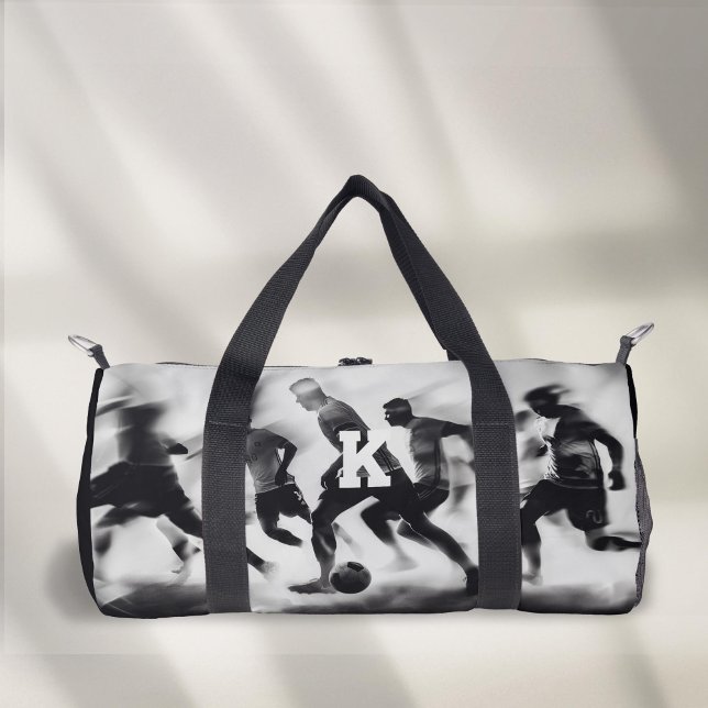 black and white monogrammed soccer duffle bag (Personalized Monogram, Black and white Sport, Soccer Duffel Bag.)