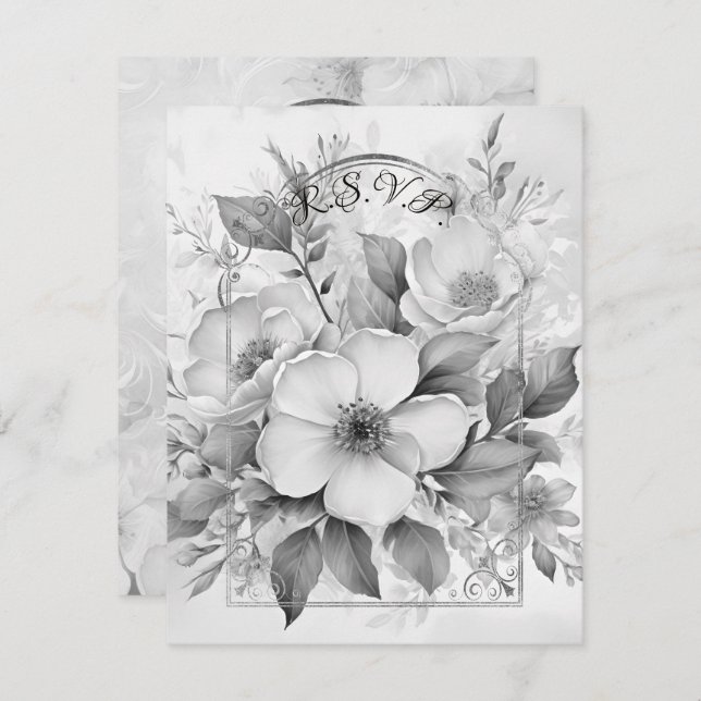 Black and White Monotone White Roses Gold Frame RSVP Card (Front/Back)