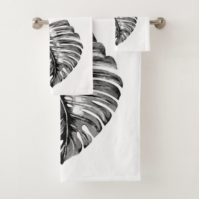 Black and White Monstera Leaf Bath Towel Set (Insitu)
