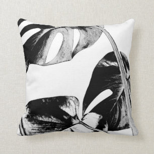 Black and white monstera leaves tropical palm cushion