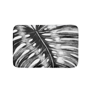 Black and white monstera palm leaf tropical bath mat