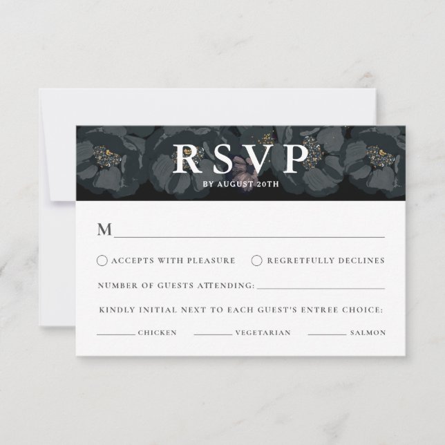 Black and White Moody Floral Wedding RSVP Card (Front)