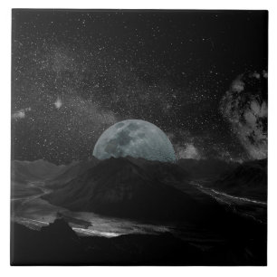 Black and White Moon Night Sky Mountain Galaxy  Ceramic Tile