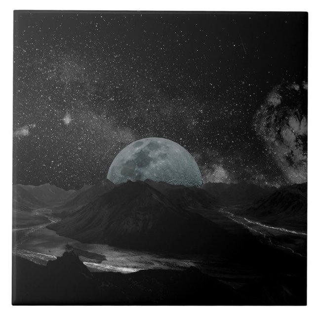 Black and White Moon Night Sky Mountain Galaxy  Ceramic Tile (Front)