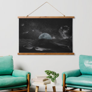 Black and White Moon Night Sky Mountain Galaxy Pos Hanging Tapestry