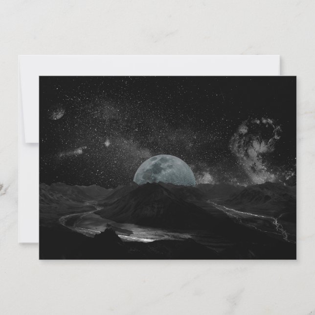 Black and White Moon Night Sky Mountain Galaxy Pos Invitation (Front)