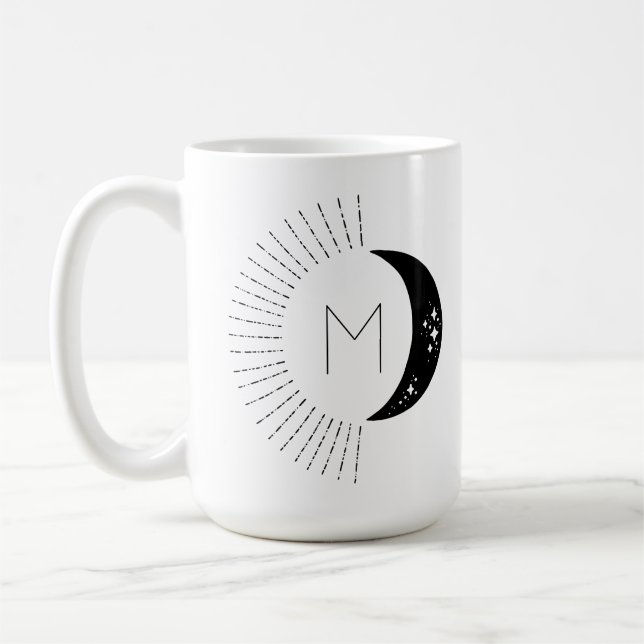 Black and White Moon Sun Stars Monogram Coffee Mug (Left)