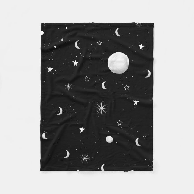 Black and White Moons and Stars Fleece Blanket (Front)