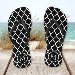 Black and White Moroccan Quatrefoil Monogram Thongs<br><div class="desc">Custom printed flip flop sandals with a stylish Moroccan quatrefoil pattern and your custom monogram or other text in a circle frame. Click Customise It to change text fonts and colours or add your own images to create a unique one of a kind design!</div>