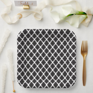 Black and White Moroccan Trellis Paper Plate