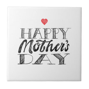 Black and White Mother's Day Lettering & Heart Ceramic Tile