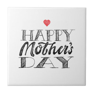 Black and White Mother's Day Lettering & Heart Ceramic Tile