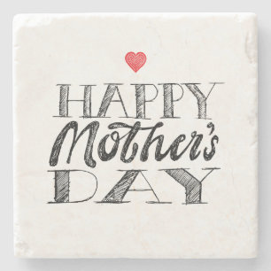 Black and White Mother's Day Lettering & Heart Stone Coaster