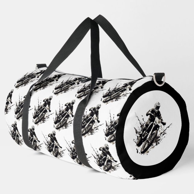 Black and White Motorcycle Biker Large  Duffle Bag (Left Corner)