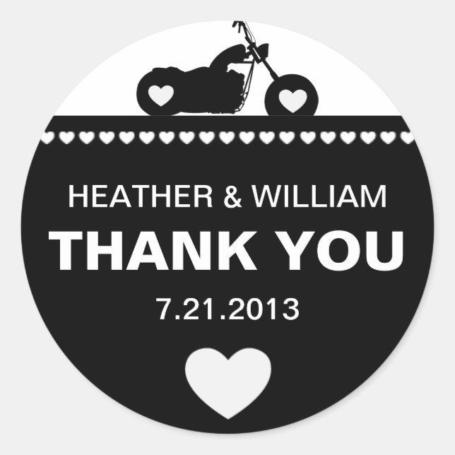 Black and White Motorcycle Biker Thank You Classic Round Sticker (Front)
