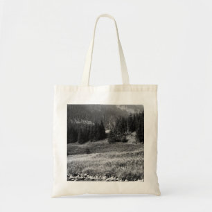 Black and White Mountain Valley and River Tote Bag