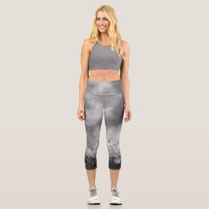 Black and white mountains in clouds capri leggings