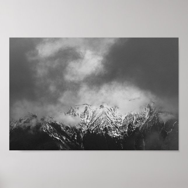 Black and white mountains in clouds poster (Front)