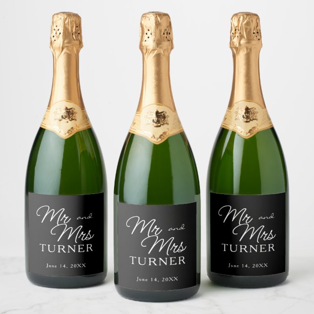 Black and White Mr and Mrs Wedding Sparkling Wine Label (Bottles)
