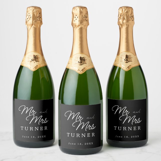 Black and White Mr and Mrs Wedding Sparkling Wine Label (Bottles)
