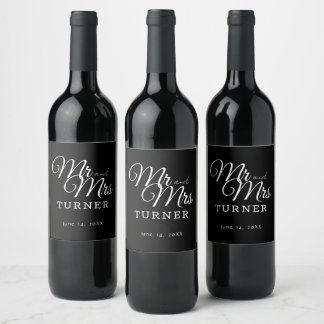 Black and White Mr and Mrs Wedding Wine Label