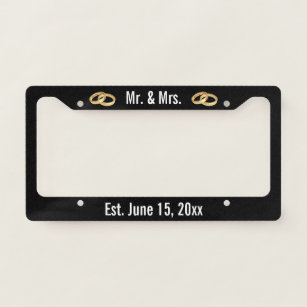 Black and White Mr. &. Mrs. with Wedding Rings Licence Plate Frame