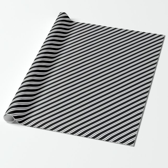 Black and White Multi-Width Diagonal Stripe Wrapping Paper (Unrolled)