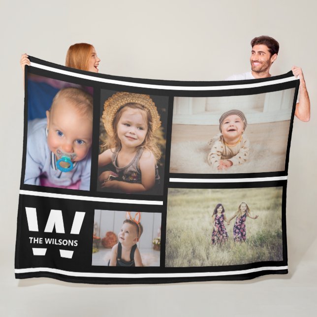 Black and White Multiple Photos Custom Monogram Fleece Blanket (In Situ)