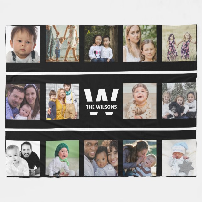 Black and White Multiple Photos Custom Monogram Fleece Blanket (Front (Horizontal))