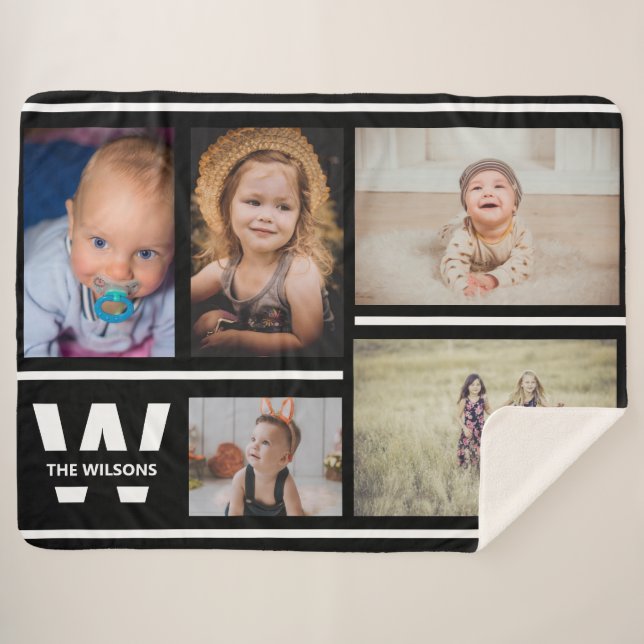 Black and White Multiple Photos Custom Monogram Sherpa Blanket (Front (Horizontal))
