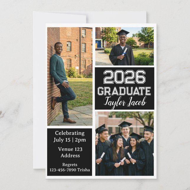 Black and White Multiple Picture Graduation Invitation (Front)