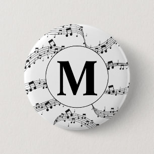 Black and White Music Note Monogram  6 Cm Round Badge