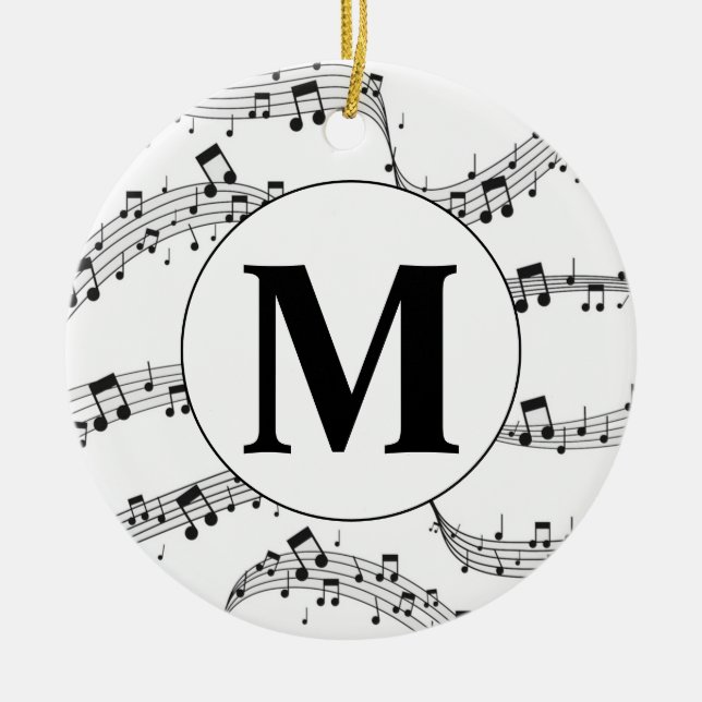 Black and White Music Note Monogram  Ceramic Ornament (Front)