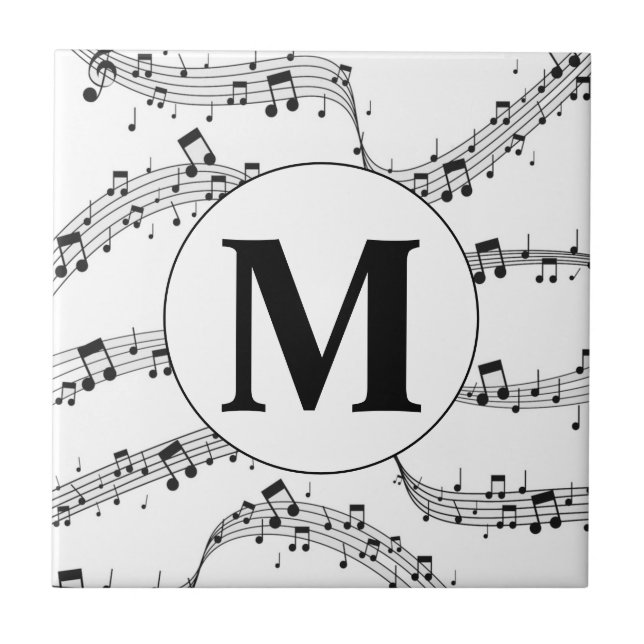 Black and White Music Note Monogram  Ceramic Tile (Front)