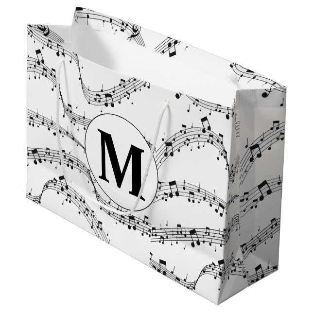 Black and White Music Note Monogram Large Gift Bag (Front Angled)