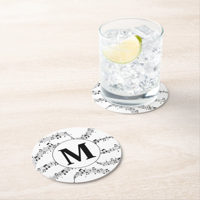Black and White Music Note Monogram Round Paper Coaster (Insitu)
