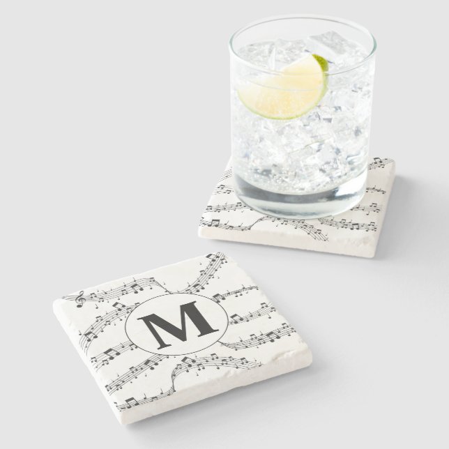 Black and White Music Note Monogram Stone Coaster (Side)