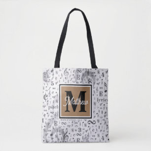 Black and White Music note Musician Monogram Tote Bag