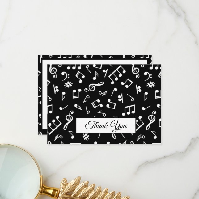 Black and White Music Note Pattern Theme Musician  Thank You Card (Front/Back In Situ)