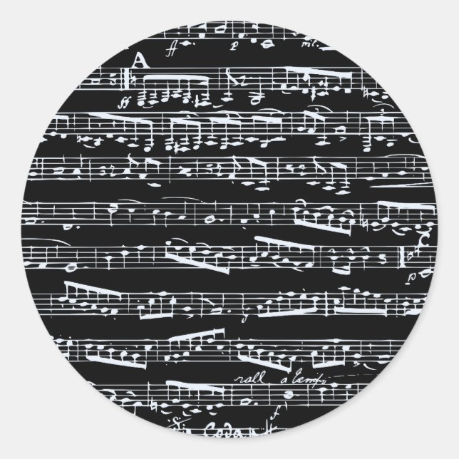 Black and white music notes classic round sticker (Front)