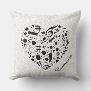Black and White Music Notes Heart Throw Pillow