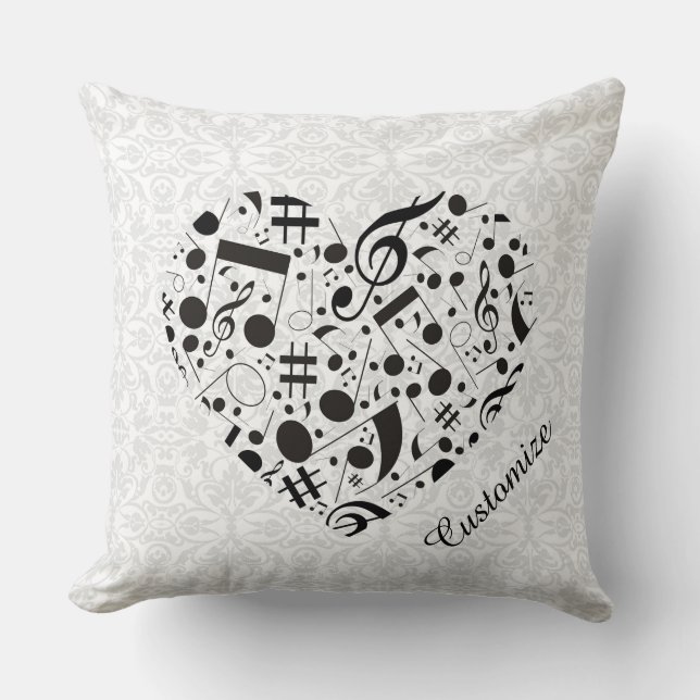 Black and White Music Notes Heart Throw Pillow (Front)