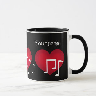 Black and white music notes red heart personalised mug