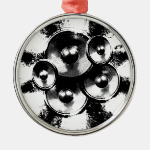 Black and white music speakers in a circle metal tree decoration