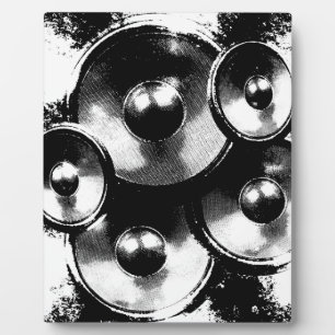 Black and white music speakers plaque