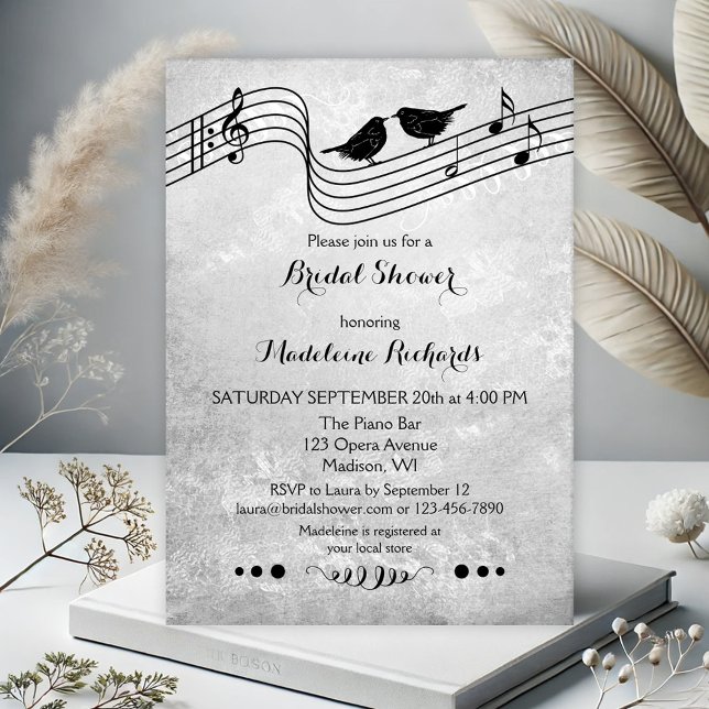 Black and White Music Themed Bridal Shower Invite (Elegant bridal shower invitation featuring two love birds on musical wires in black and white)