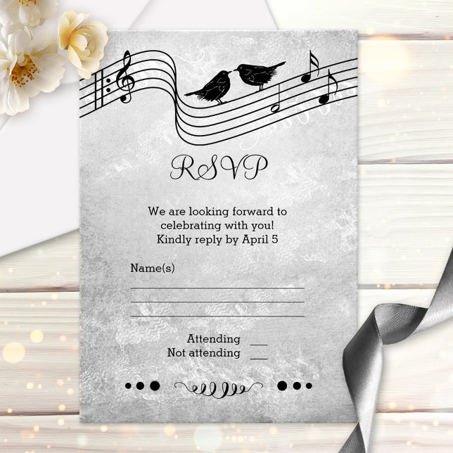 Black and White Music Themed Wedding RSVP Card (RSVP card featuring love birds singing on music style wires with notes)