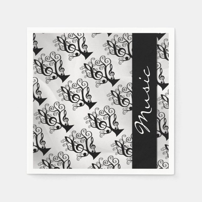 Black and White Music Treble Clef Tree Napkins (Front)