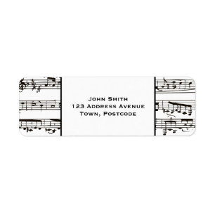 Black and white musical notes (small text) return address label