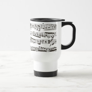 Black and white musical notes travel mug